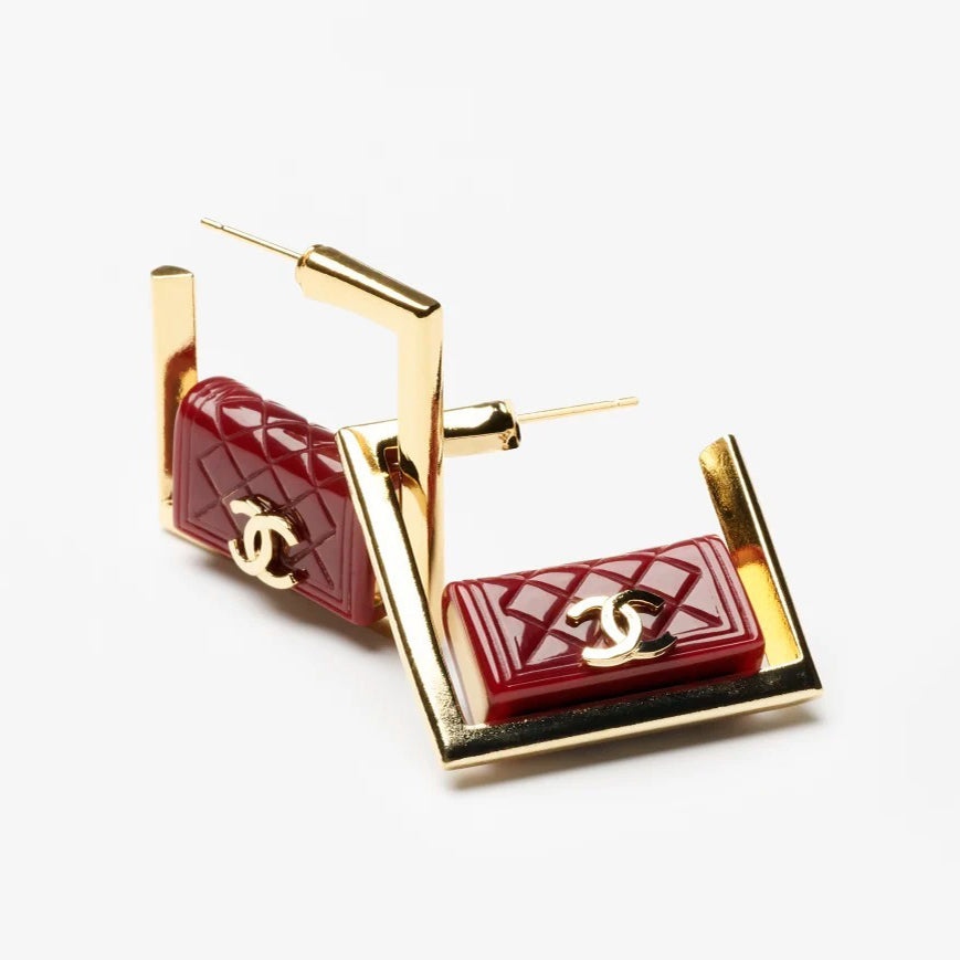 18K Chanel Red Bag Hoop Earrings