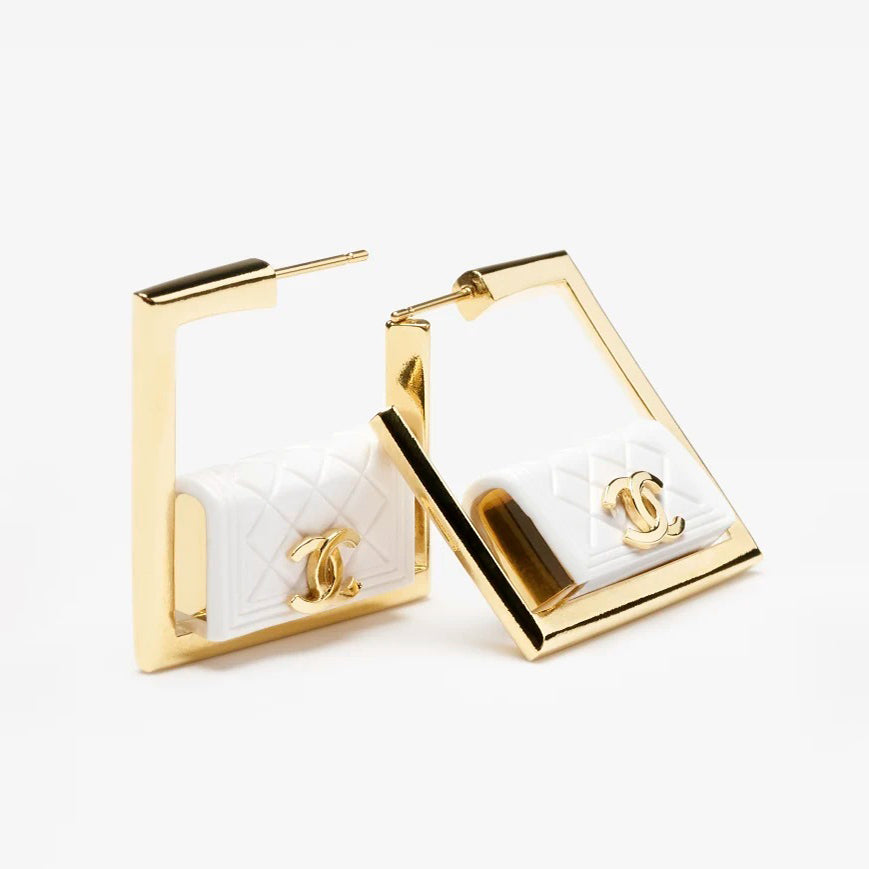 18K Chanel White Bag Hoop Earrings