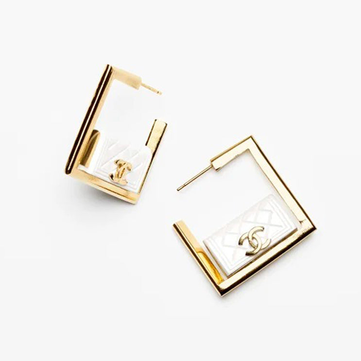 18K Chanel White Bag Hoop Earrings