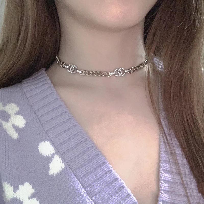 18K Crystal Chanel Chain Links Choker Necklace