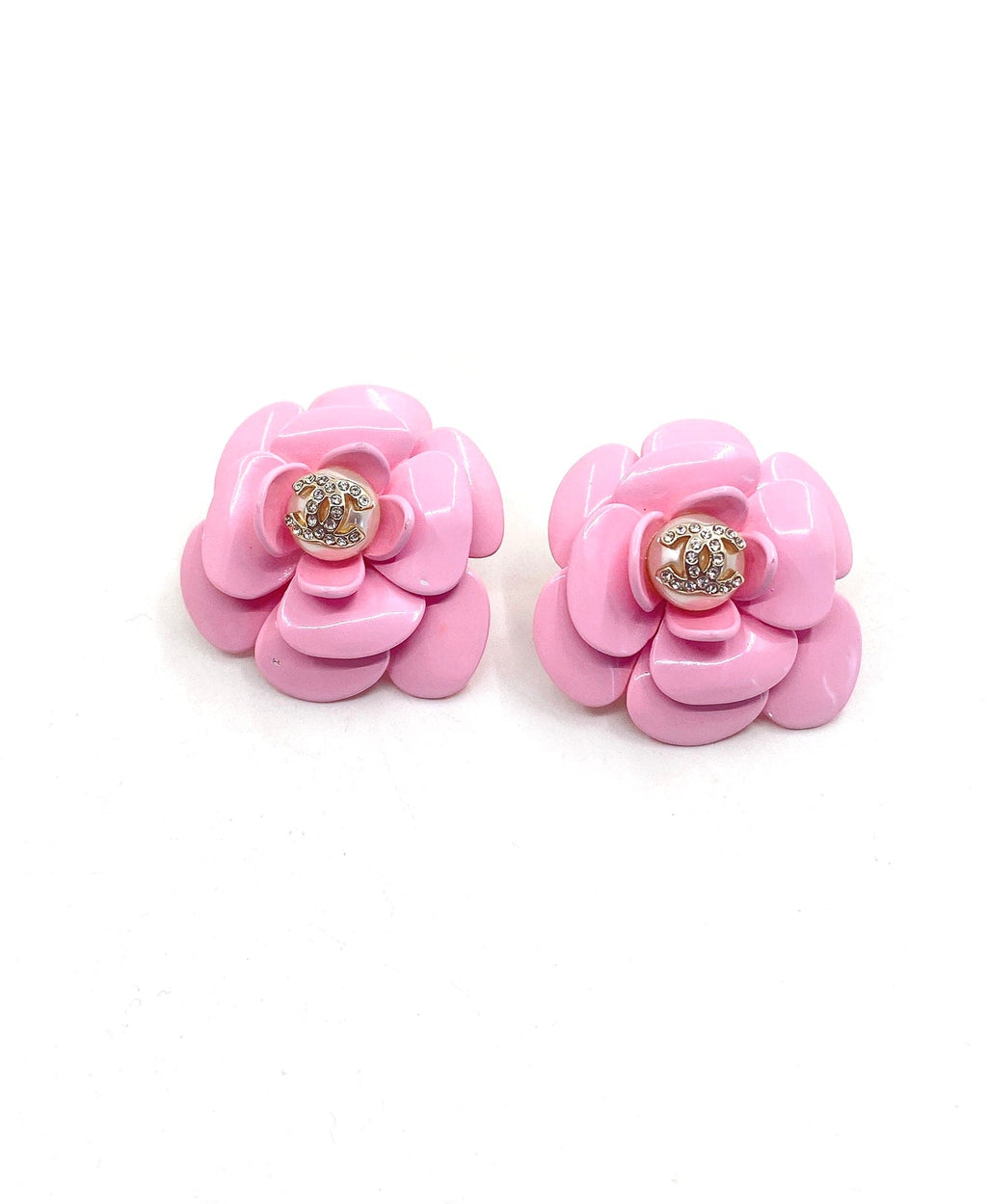 18K Chanel Pink Camellia Resin Earrings