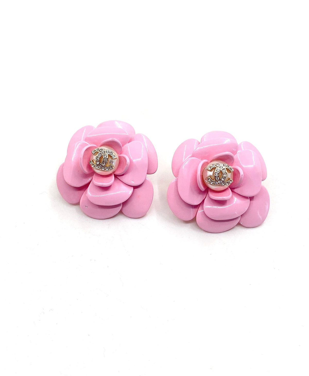 18K Chanel Pink Camellia Resin Earrings