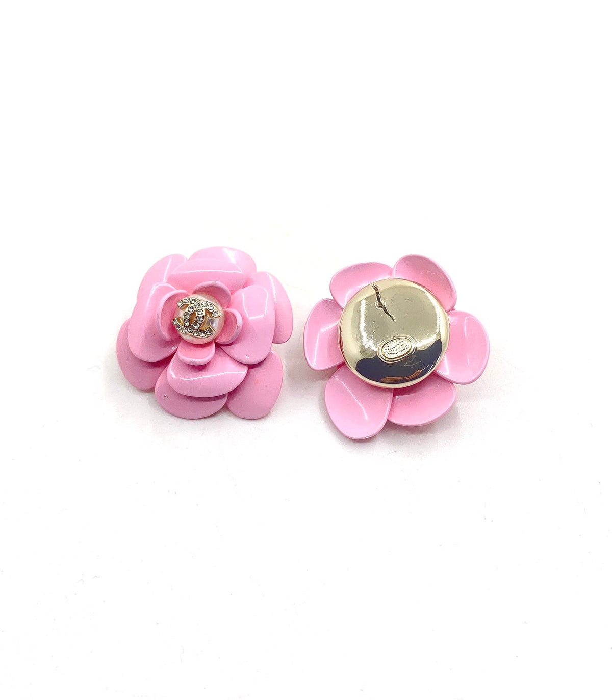 18K Chanel Pink Camellia Resin Earrings
