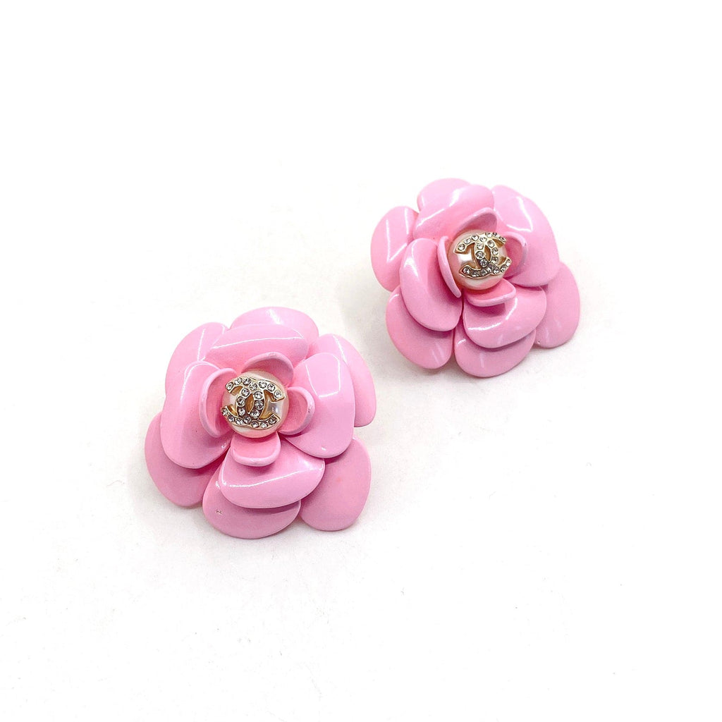 18K Chanel Pink Camellia Resin Earrings