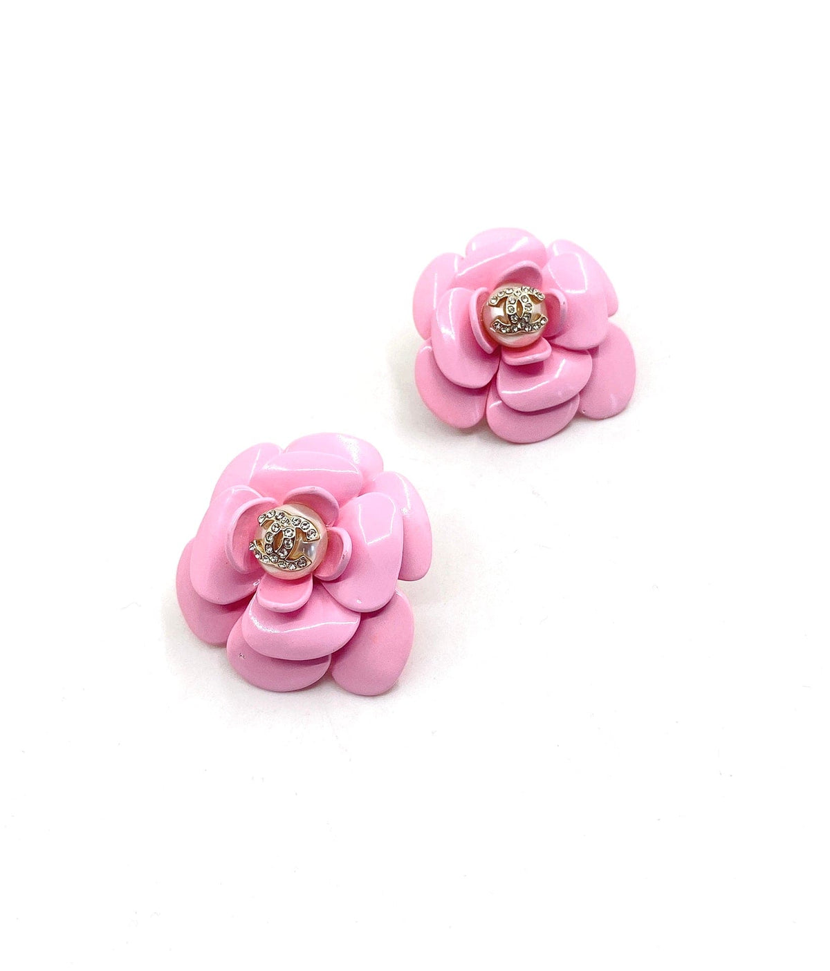 18K Chanel Pink Camellia Resin Earrings