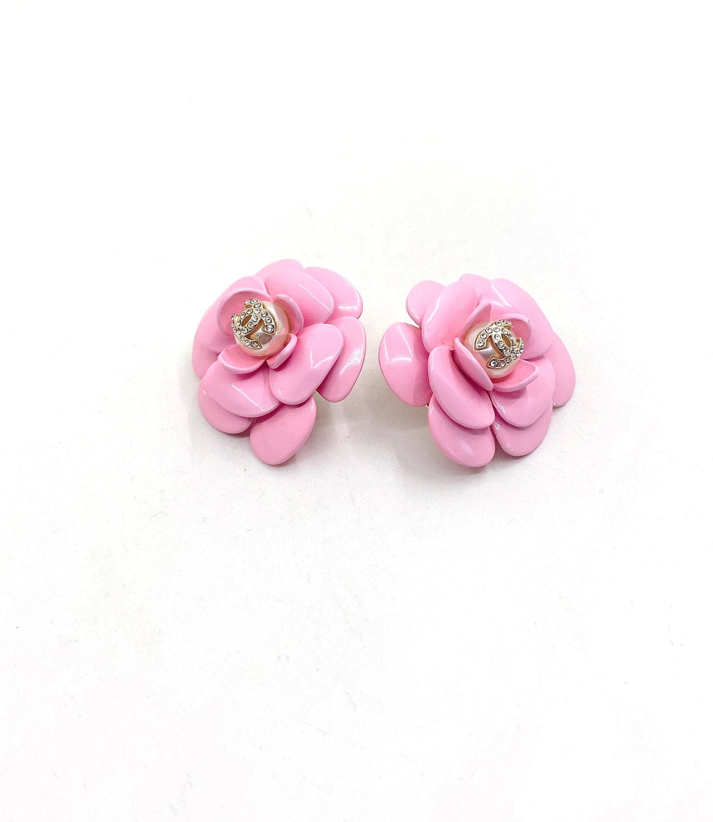 18K Chanel Pink Camellia Resin Earrings