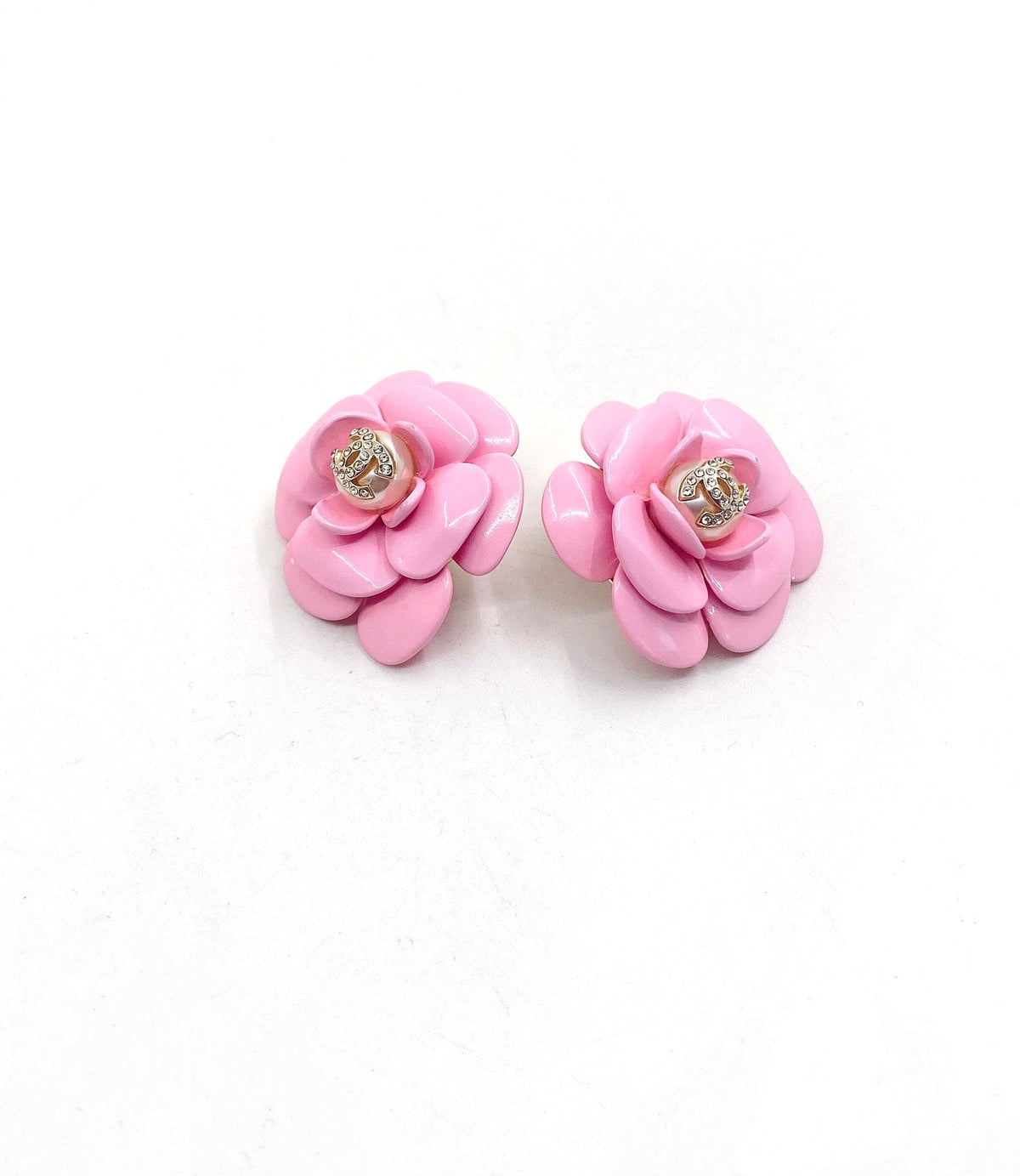 18K Chanel Pink Camellia Resin Earrings