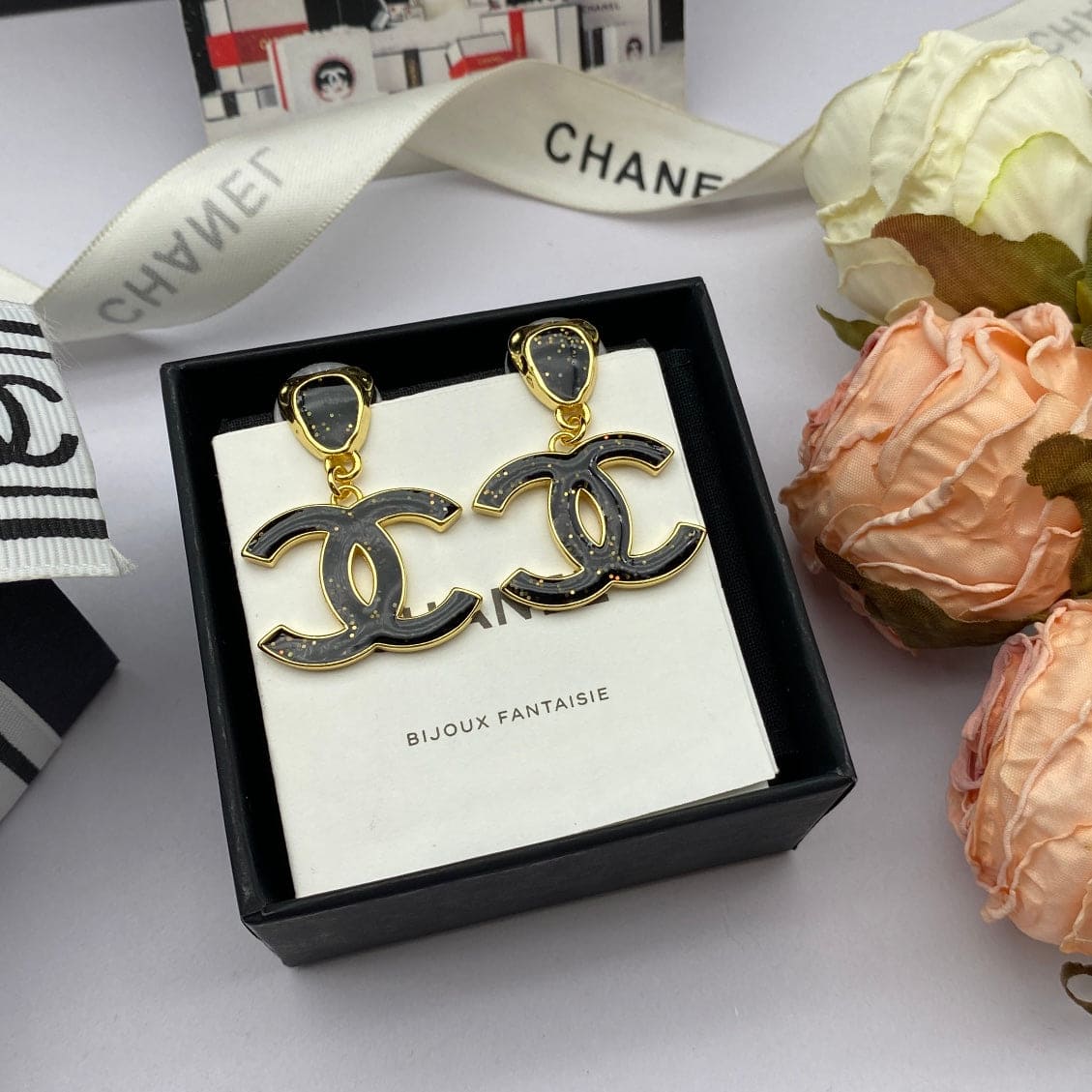 18K Chanel Classic Black Dangle Earrings