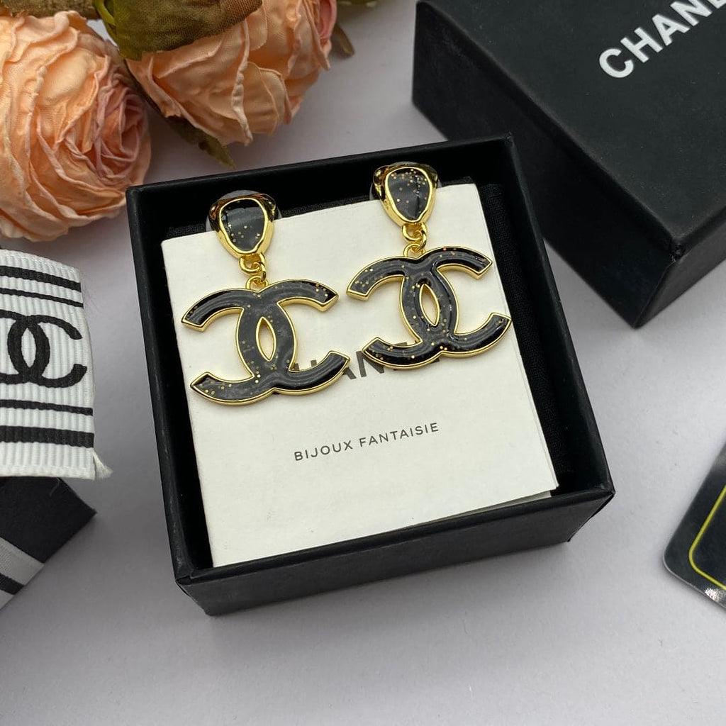 18K Chanel Classic Black Dangle Earrings