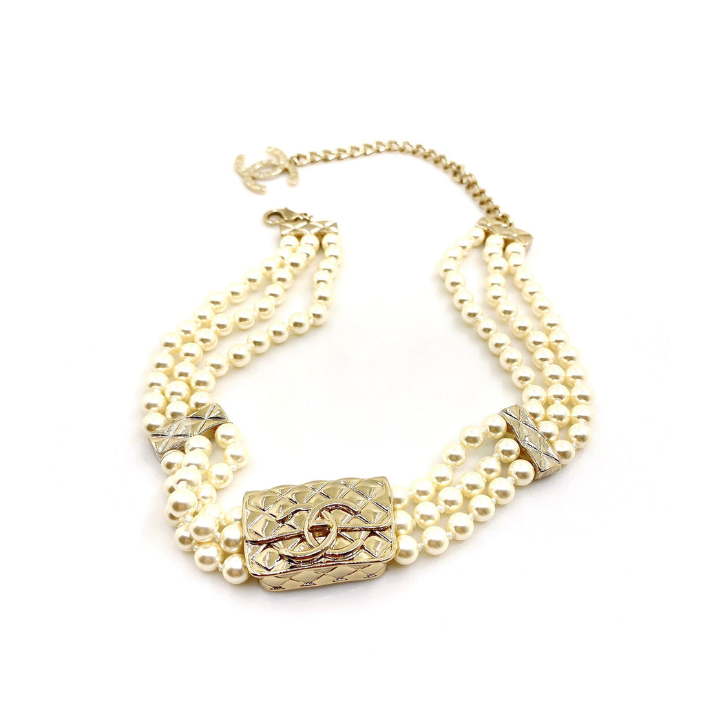 18K Chanel Bag Pearls Chain Necklace