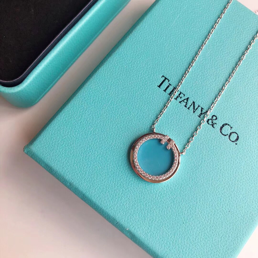18K Tiffany & Co. Diamond & Turquoise Circle Pendant Necklace