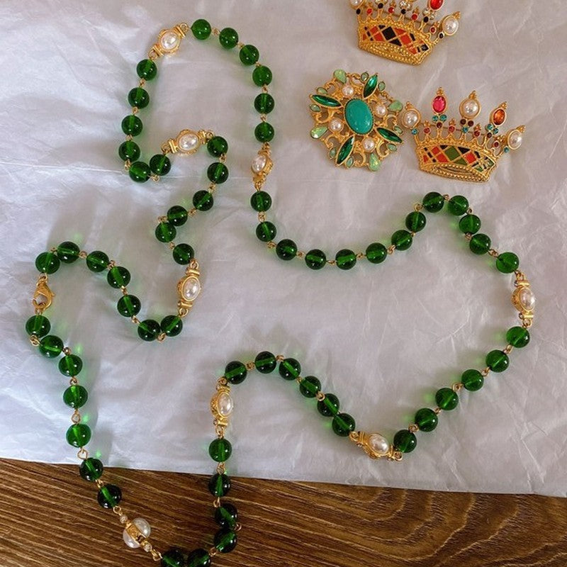 18K Chanel Long Green & White Pearls Necklace