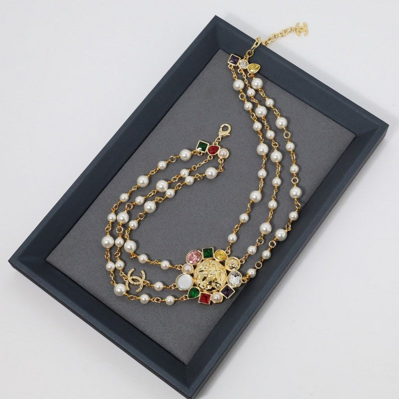 18K Chanel Color Crystal Pearls Choker Necklace