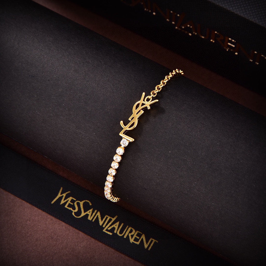18K Saint Laurent YSL Crystals Chain Bracelet