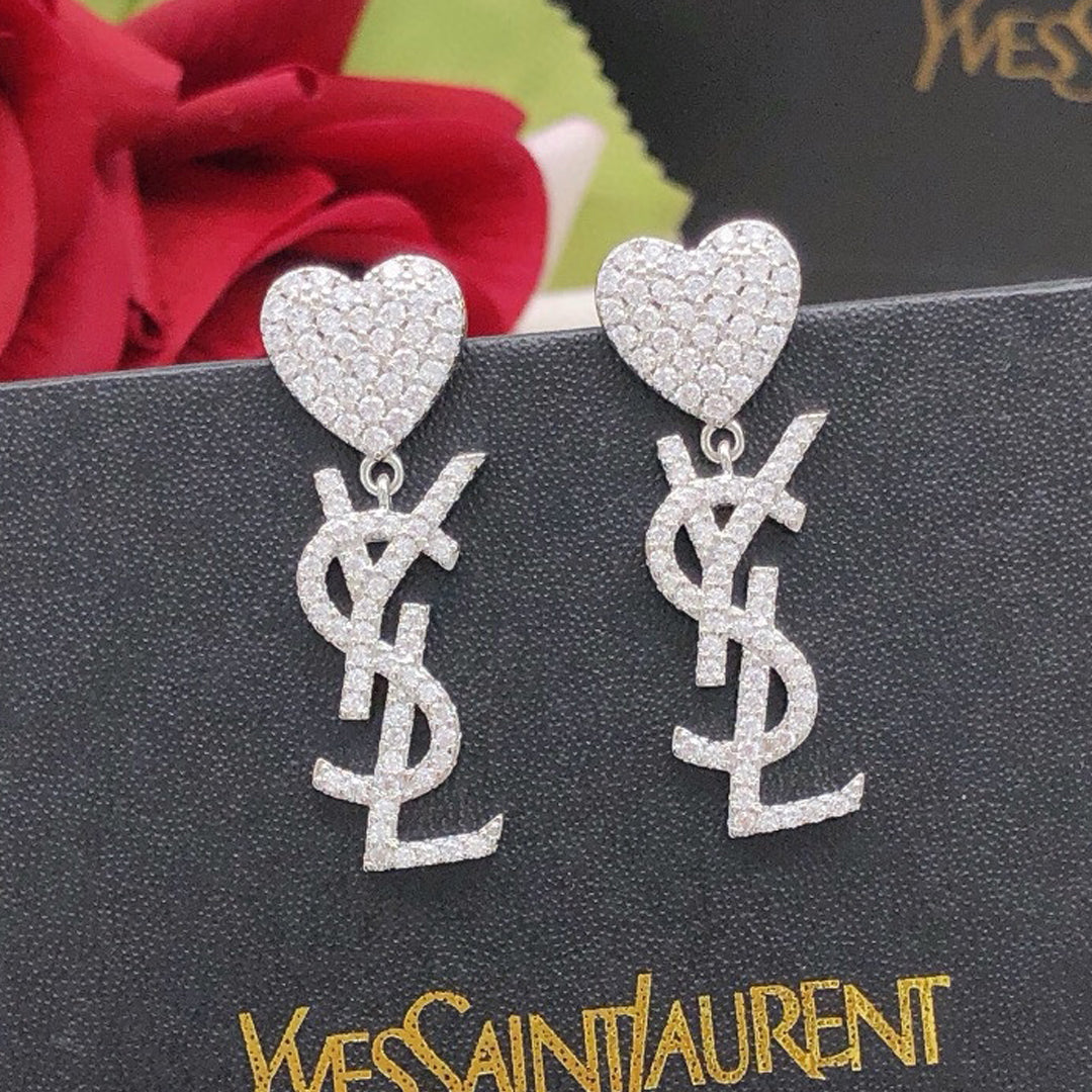 18K Saint Laurent YSL Heart Diamonds Earrings