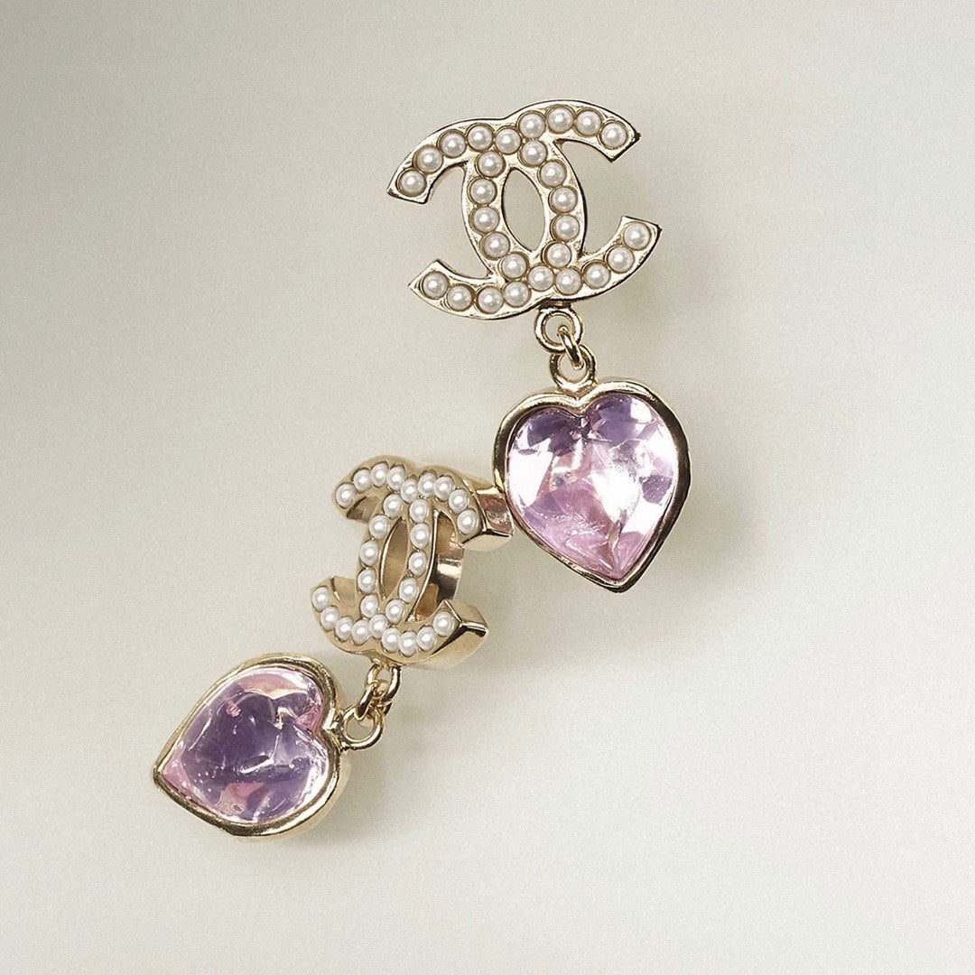 18K Chanel Pink Heart Crystal Earrings