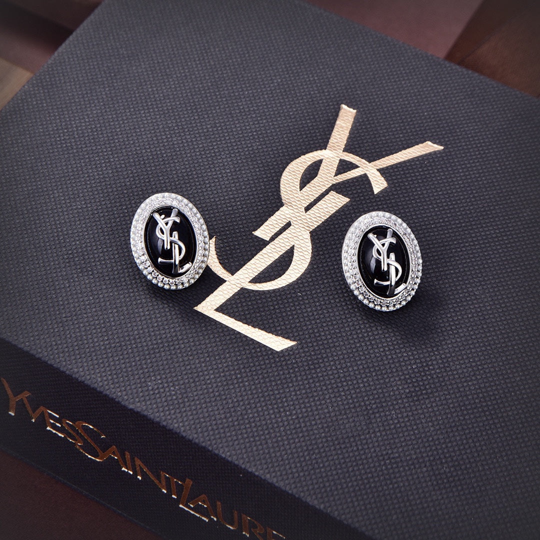 18K Saint Laurent YSL Black Crystal Earrings