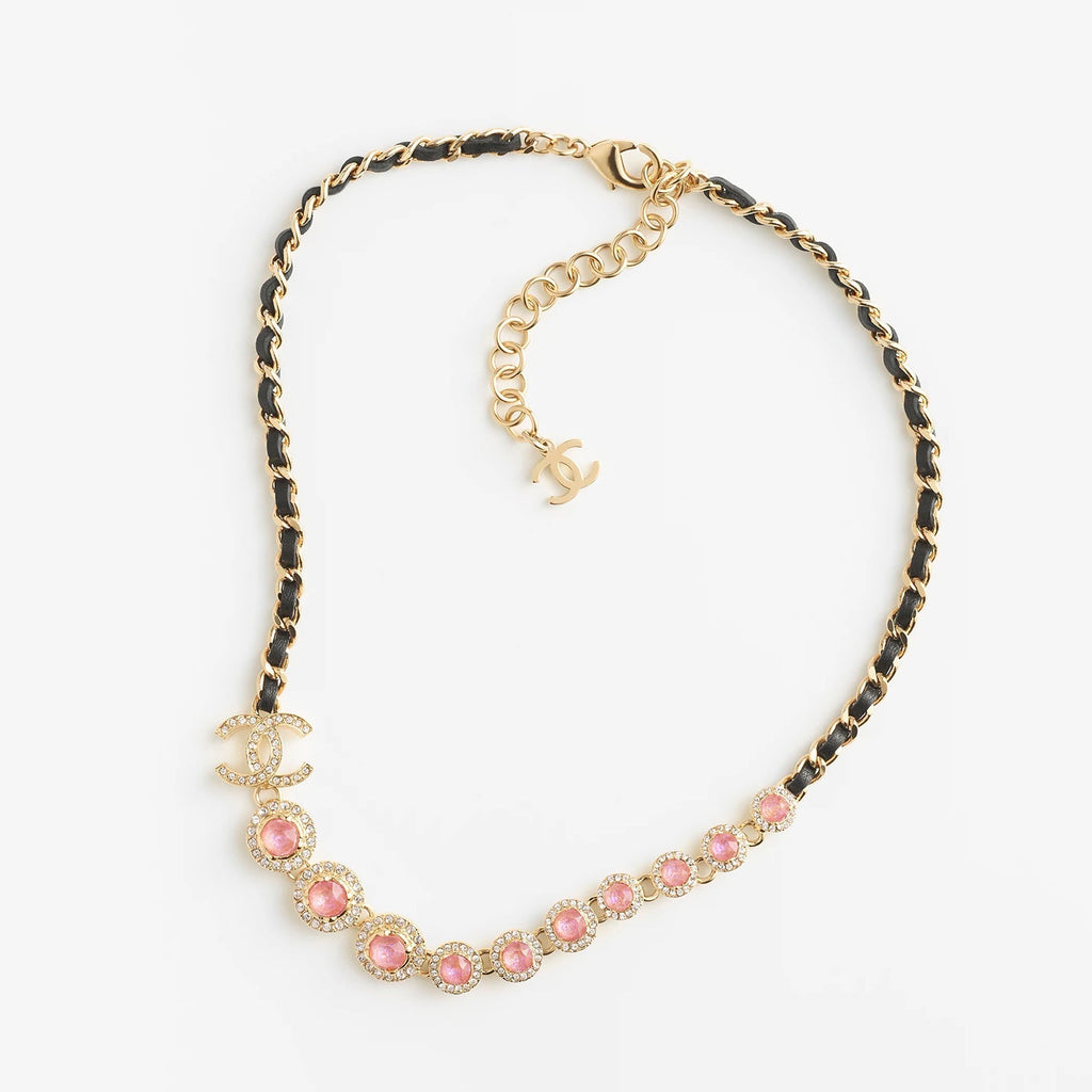 18K Chanel Pink Crystals Leather Necklace