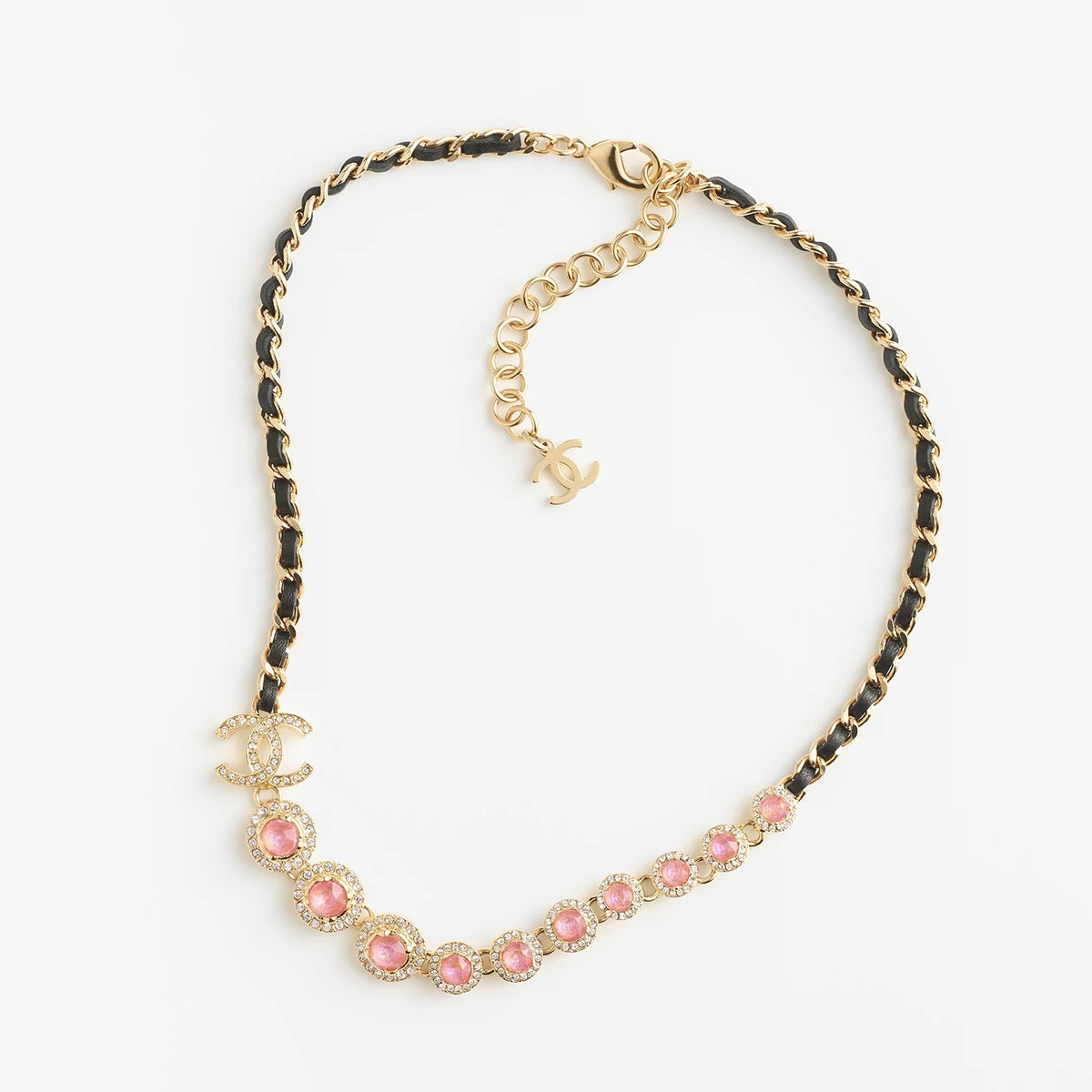18K Chanel Pink Crystals Leather Necklace