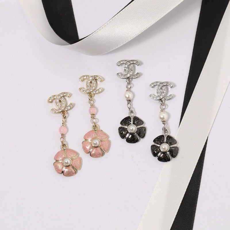 18K Chanel Black & Pink Camellia Diamond Long Earrings