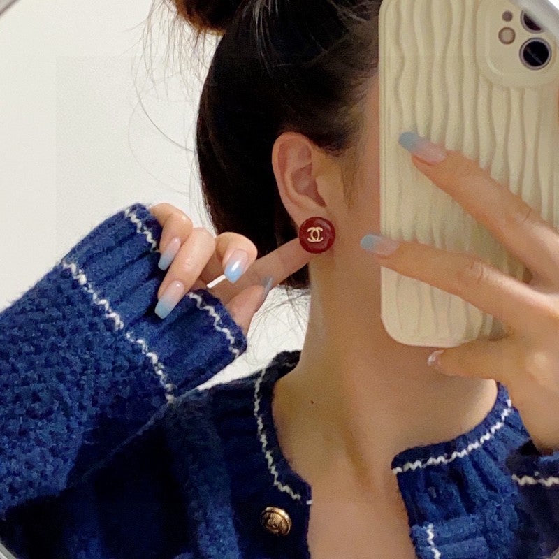 18K Chanel Wine Red Round Earrings