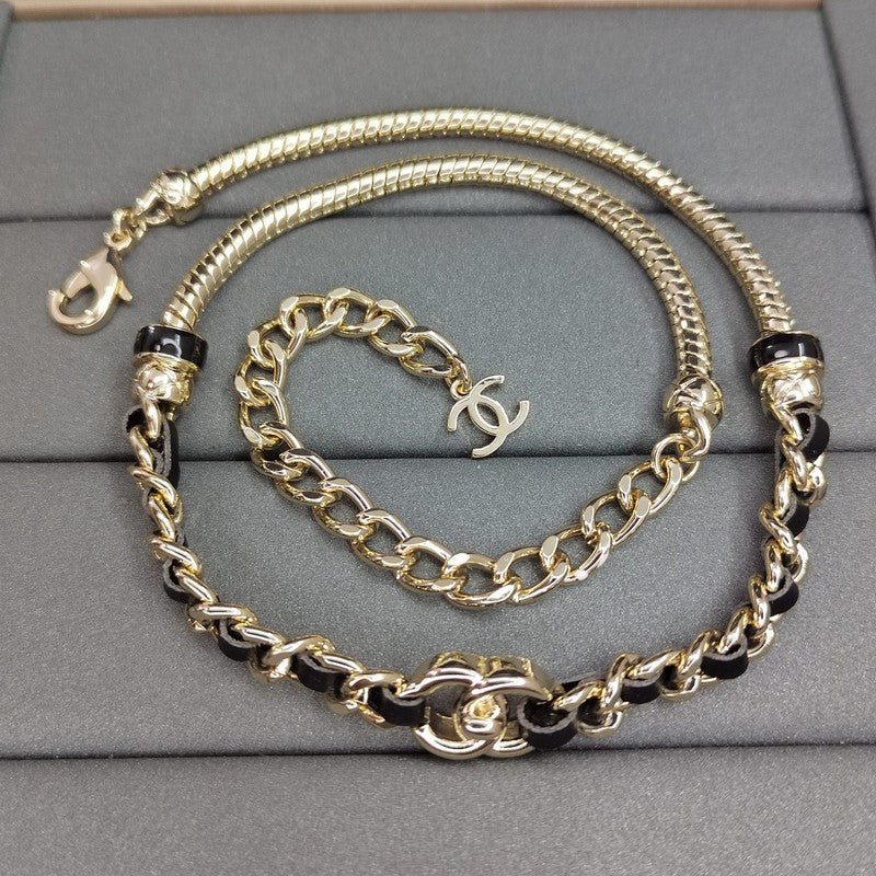 18K Chanel Black Leather Gold Chain Necklace