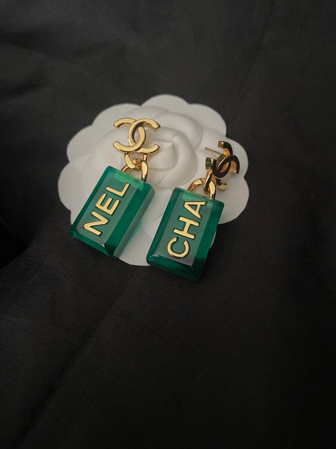 18K Chanel Green Perfume Bottle Earrings