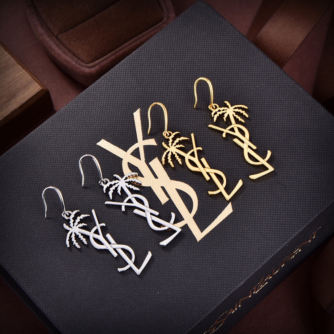 18K Saint Laurent YSL Monogram Palmier Statement Earrings