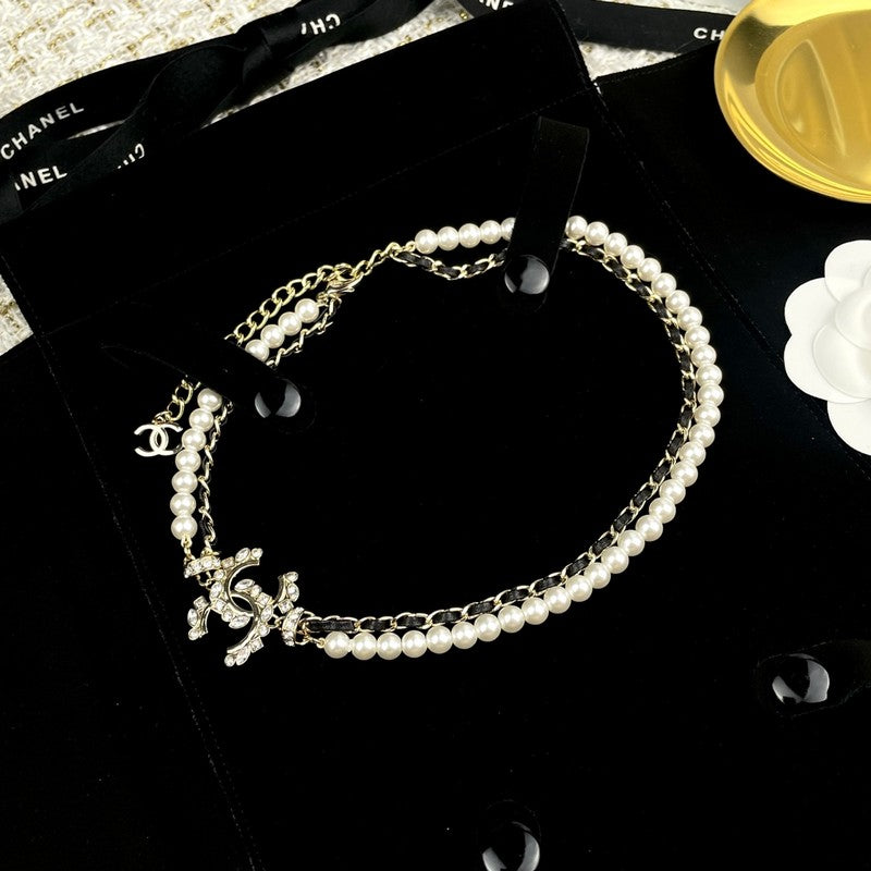 18K Chanel Pearl Chain Leather Necklace