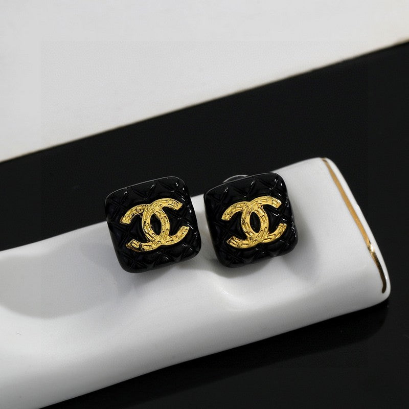 18K Chanel Black Gold Square Earrings
