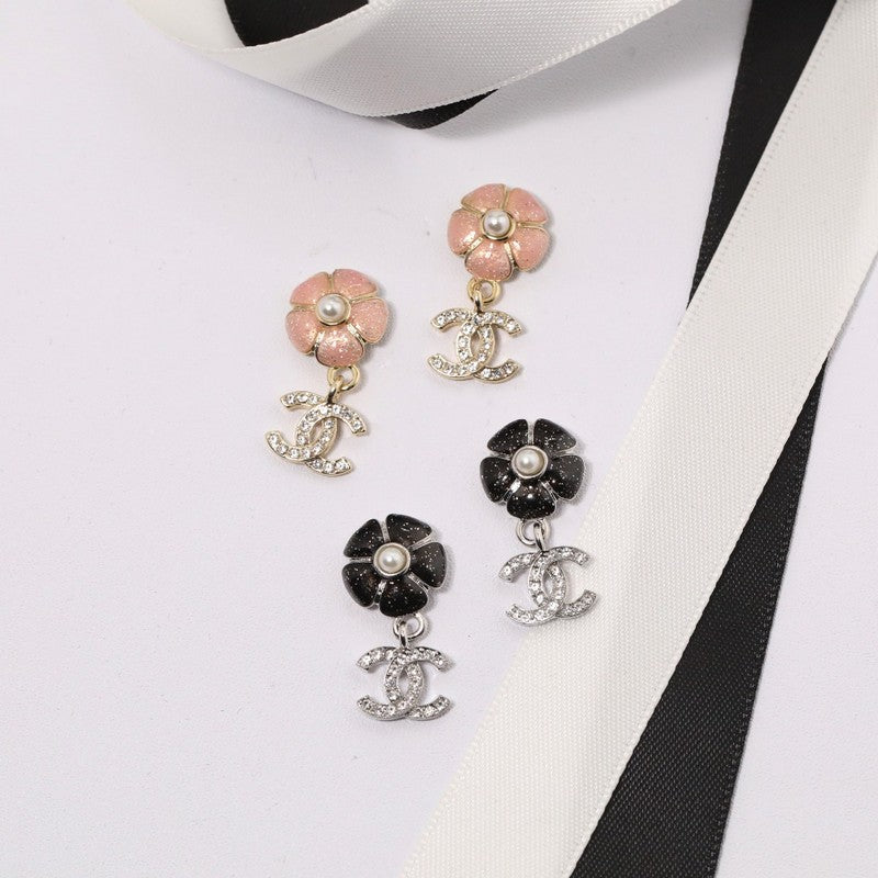 18K Chanel Black & Pink Camellia Diamond Earrings