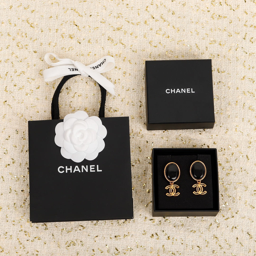 18K Chanel Black Crystal Pendant Earrings