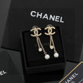 18K Chanel Long Pearl Pendant Earrings