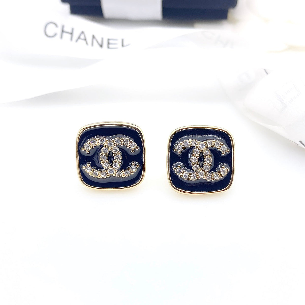 18K Chanel Square Resin Diamond Earrings