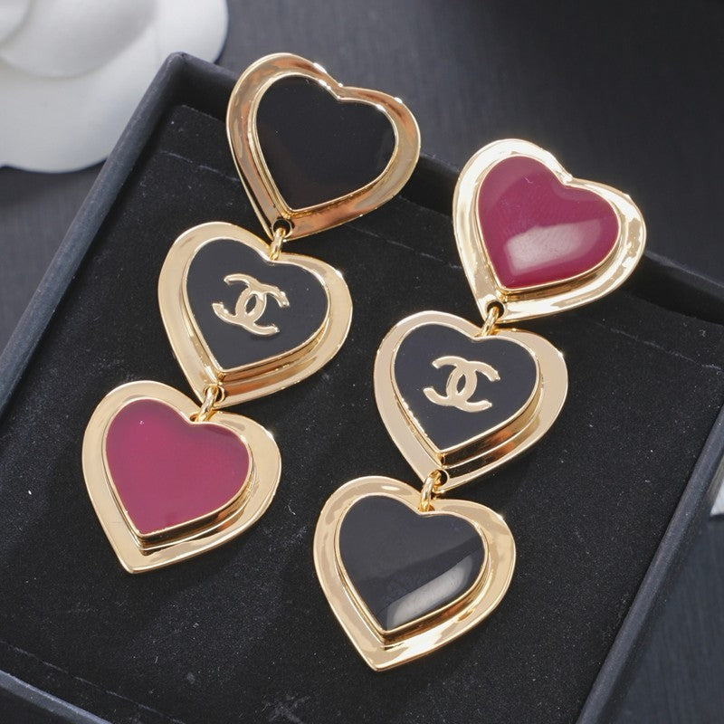 18K Chanel Black & Red Heart Gold Long Earrings