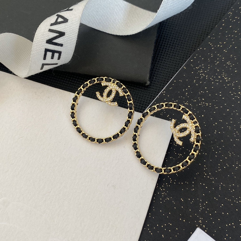 18K Chanel Black Leather Circle Earrings