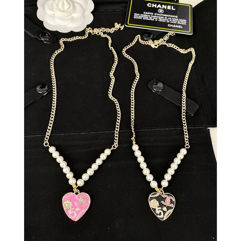 18K Chanel Pink & Black Heart Pearl Necklace