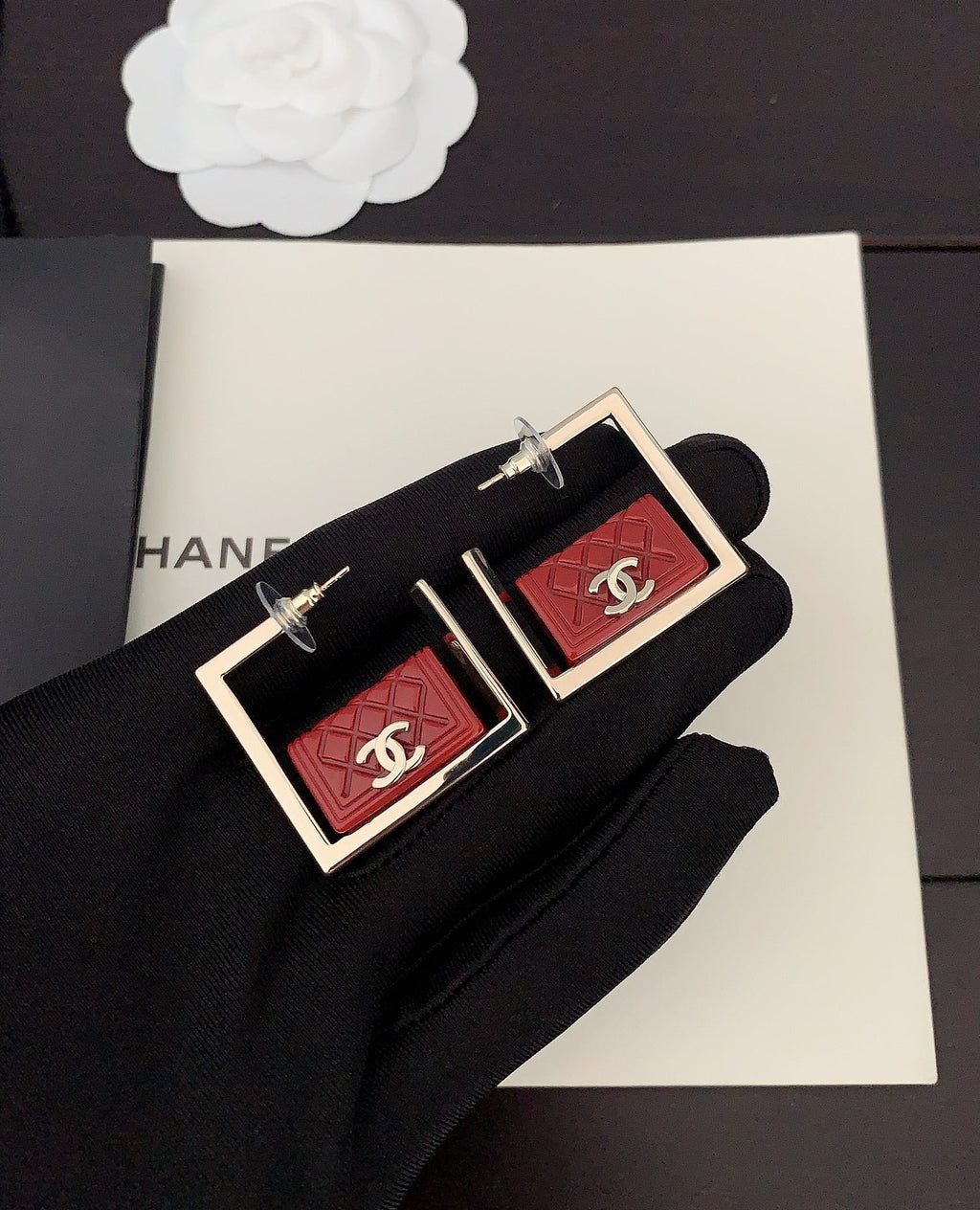 18K Chanel Red Bag Pendant Earrings