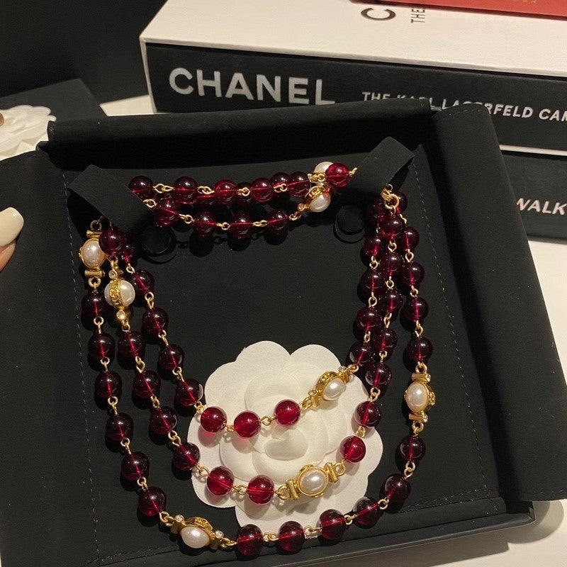 18K Chanel Long Red & White Pearls Necklace