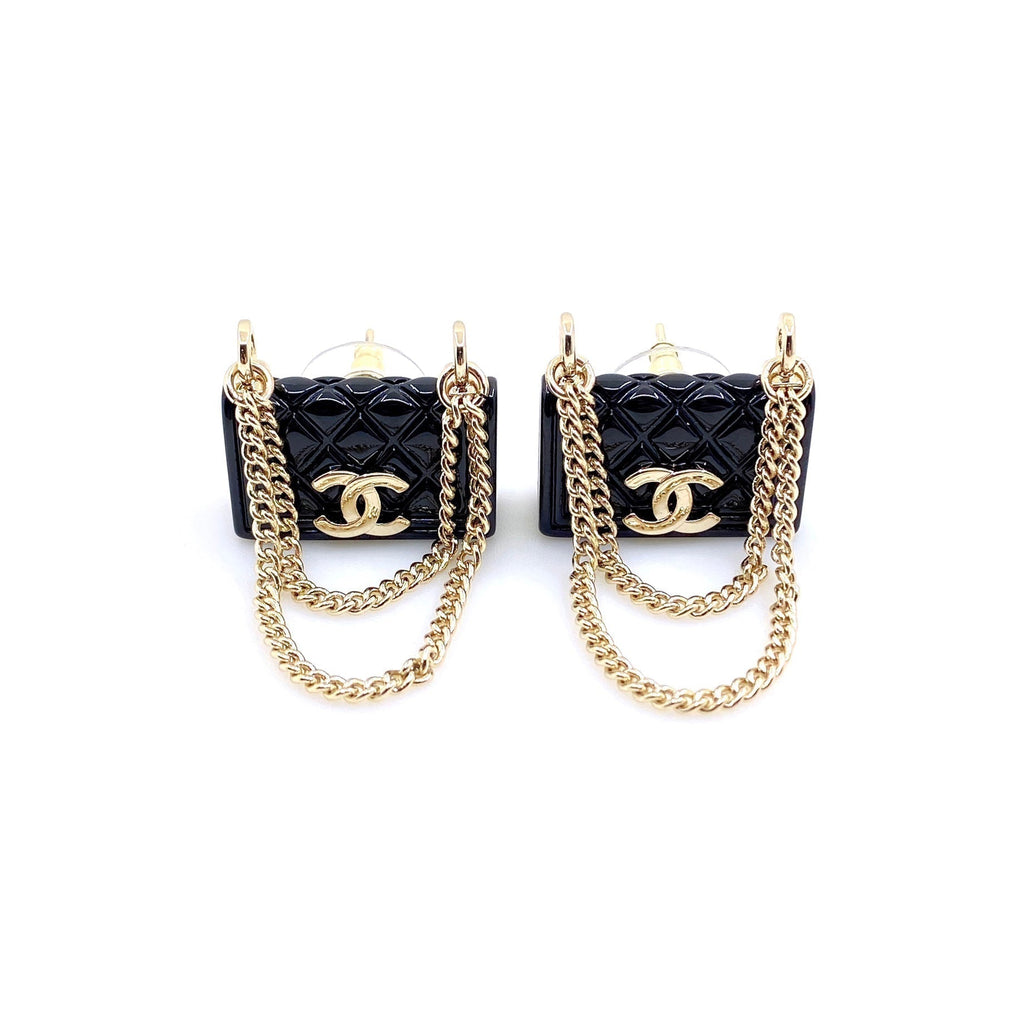 18K Chanel Black Bag Pendant Earrings