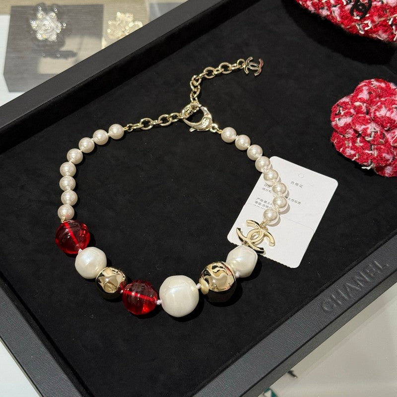 18K Chanel Red Crystal Pearl Choker Necklace