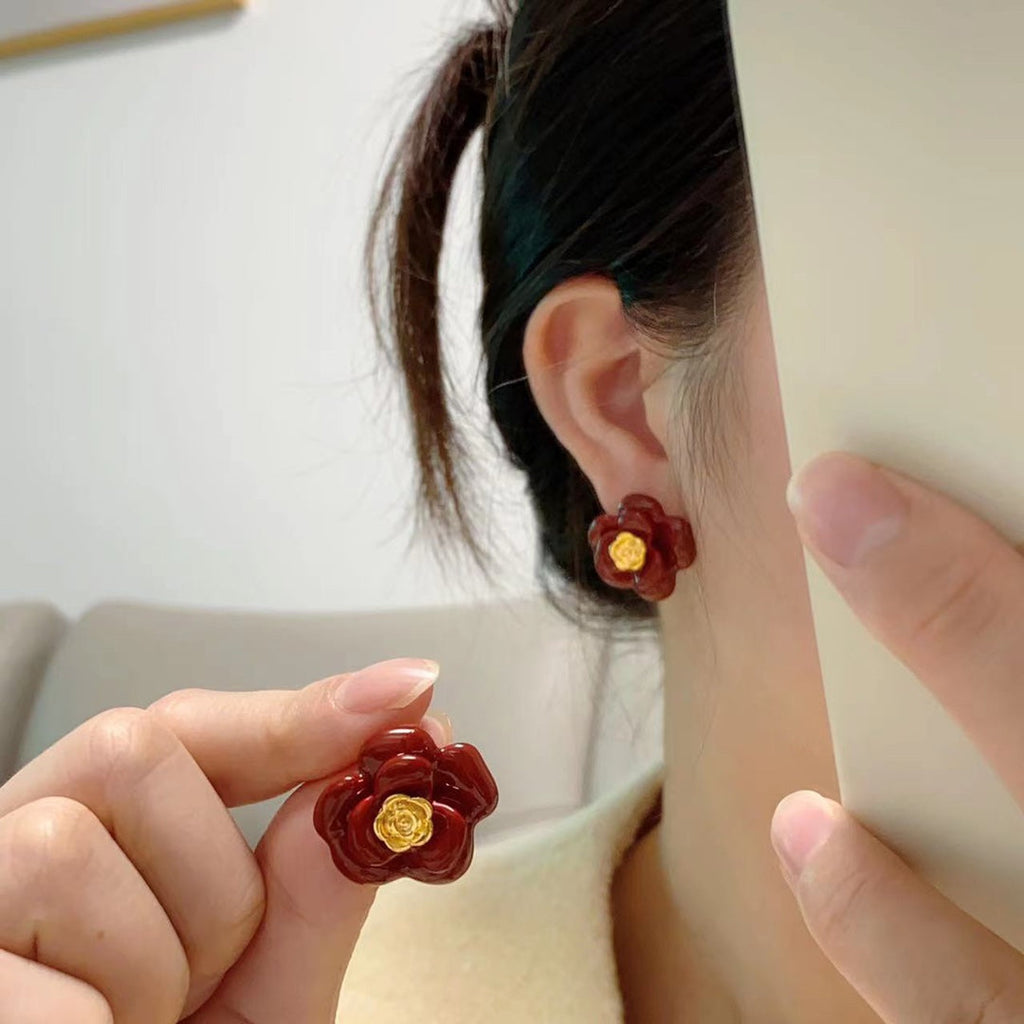 18K Chanel Red Camellia Resin Earrings