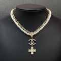 18K Chanel Cross Diamond Pearl Chain Necklace