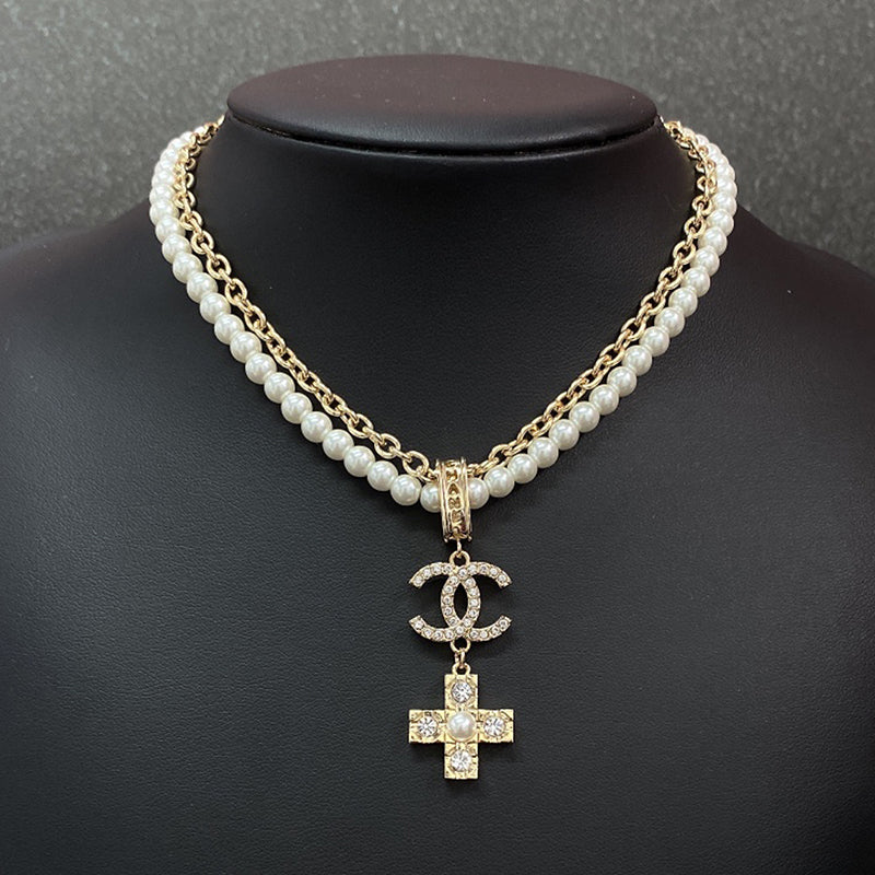 18K Chanel Cross Diamond Pearl Chain Necklace