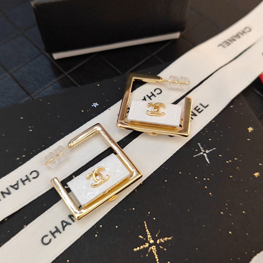 18K Chanel White Bag Hoop Earrings