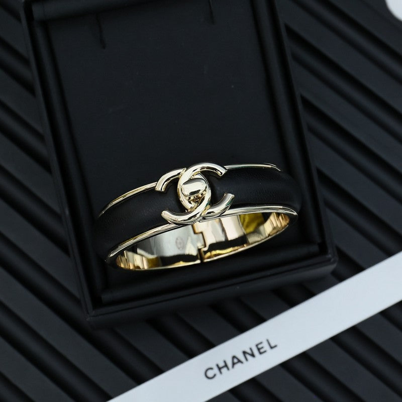 18K Chanel Black Leather Cuff Bracelet