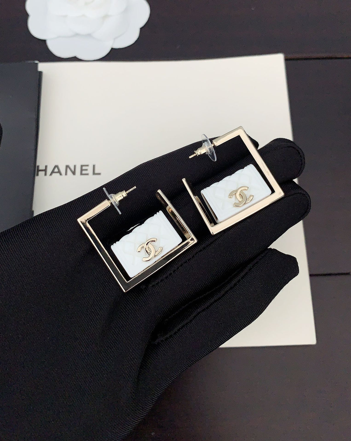 18K Chanel White Bag Pendant Earrings
