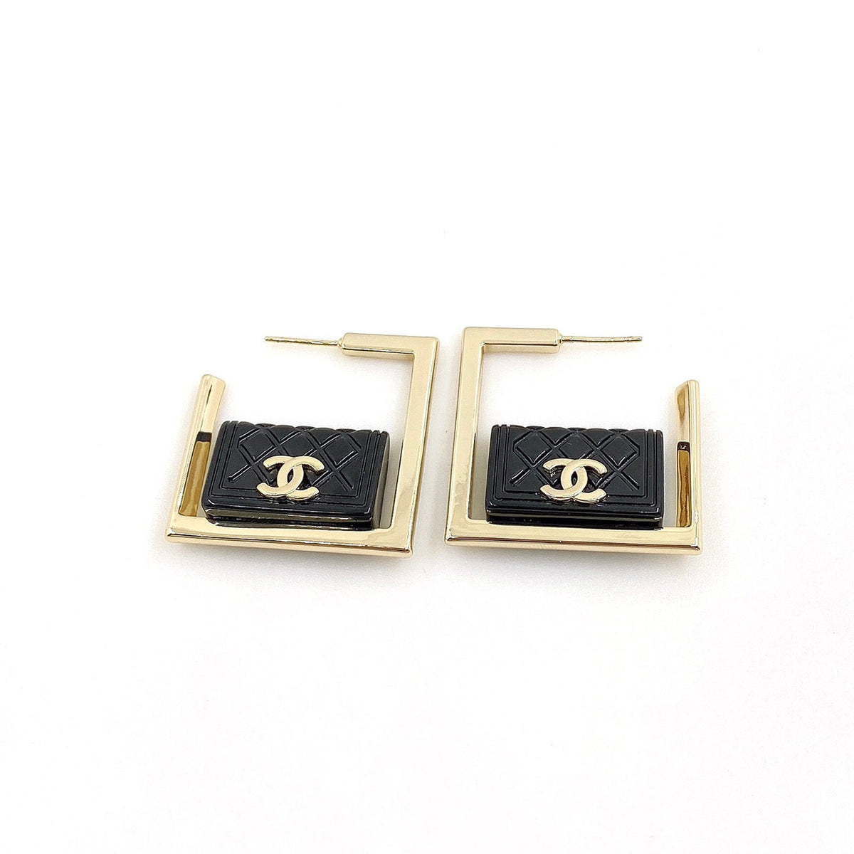 18K Chanel Black Bag Pendant Earrings