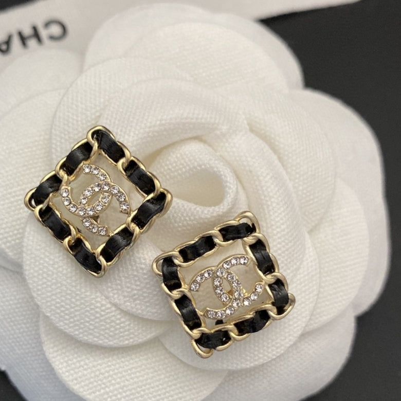 18K Chanel Square Leather Earrings