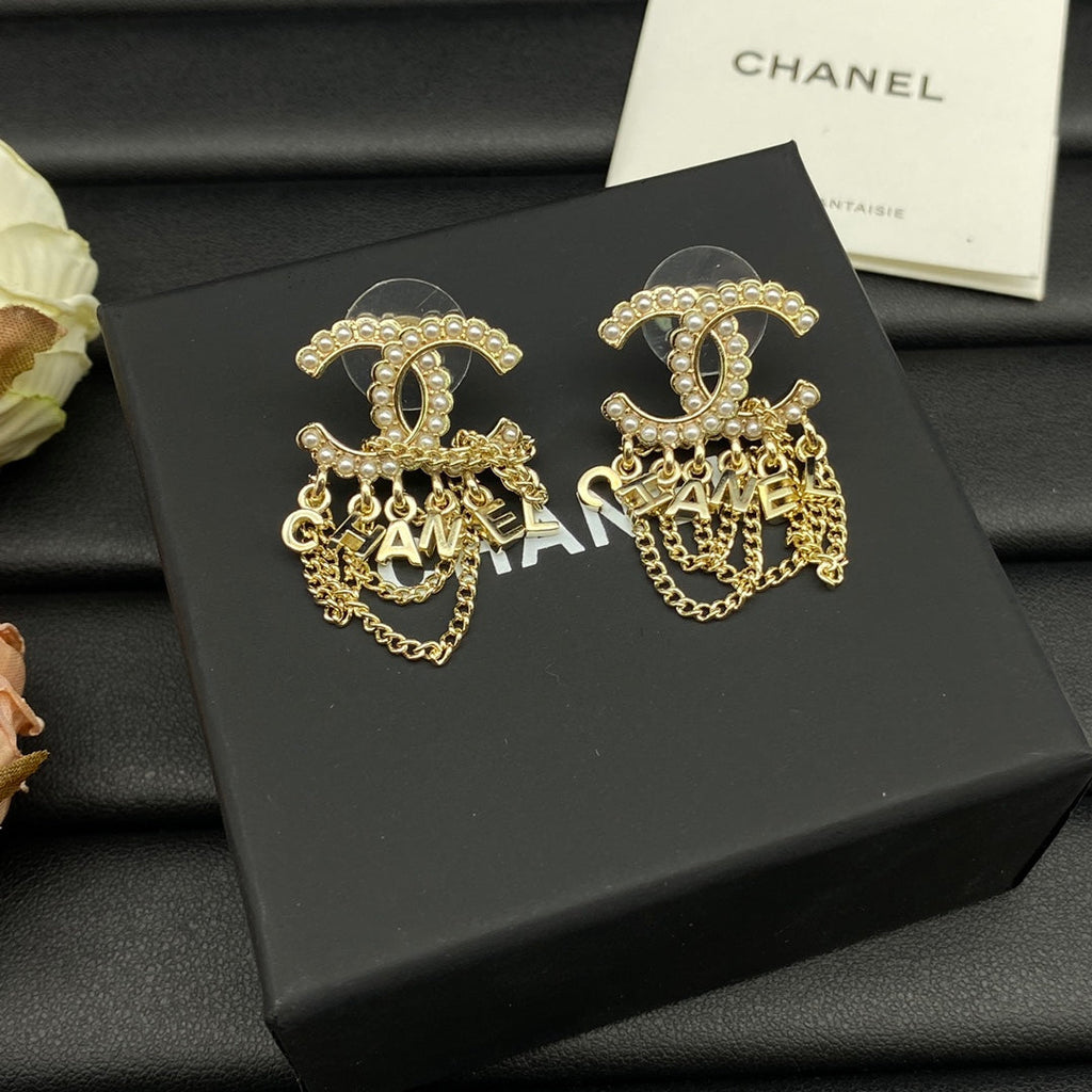 18K Chanel Pearl Chain Link Earrings